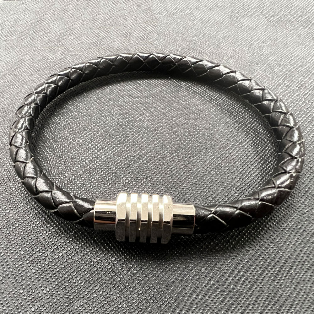 Black Leather Bracelet with Stainless Steel Magnetic Clasp